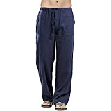 VANVENE Pantalon de yoga en lin léger et ample pour homme, couleur unie, simple et décontracté, bleu, 31-35